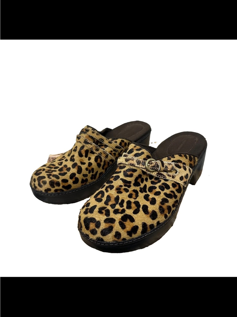 Lands End Leopard Print Calf Hair Leather Clog Womans Size 8 B Comfort slip on